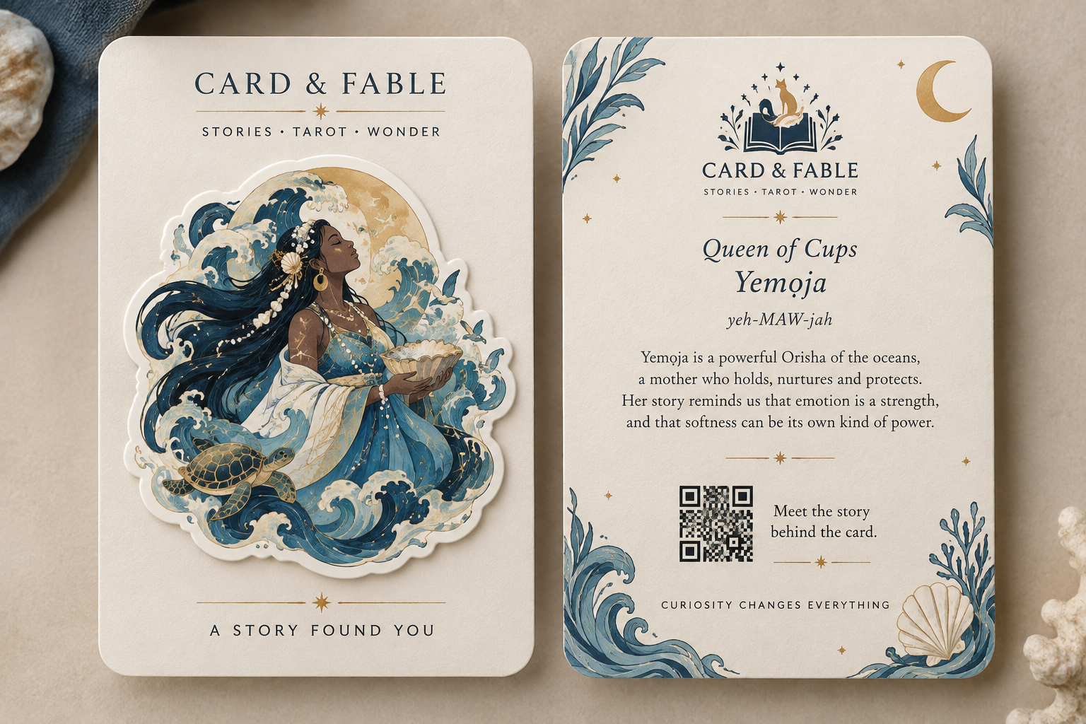Yemoja Queen of Cups illustrated tarot story and sticker card